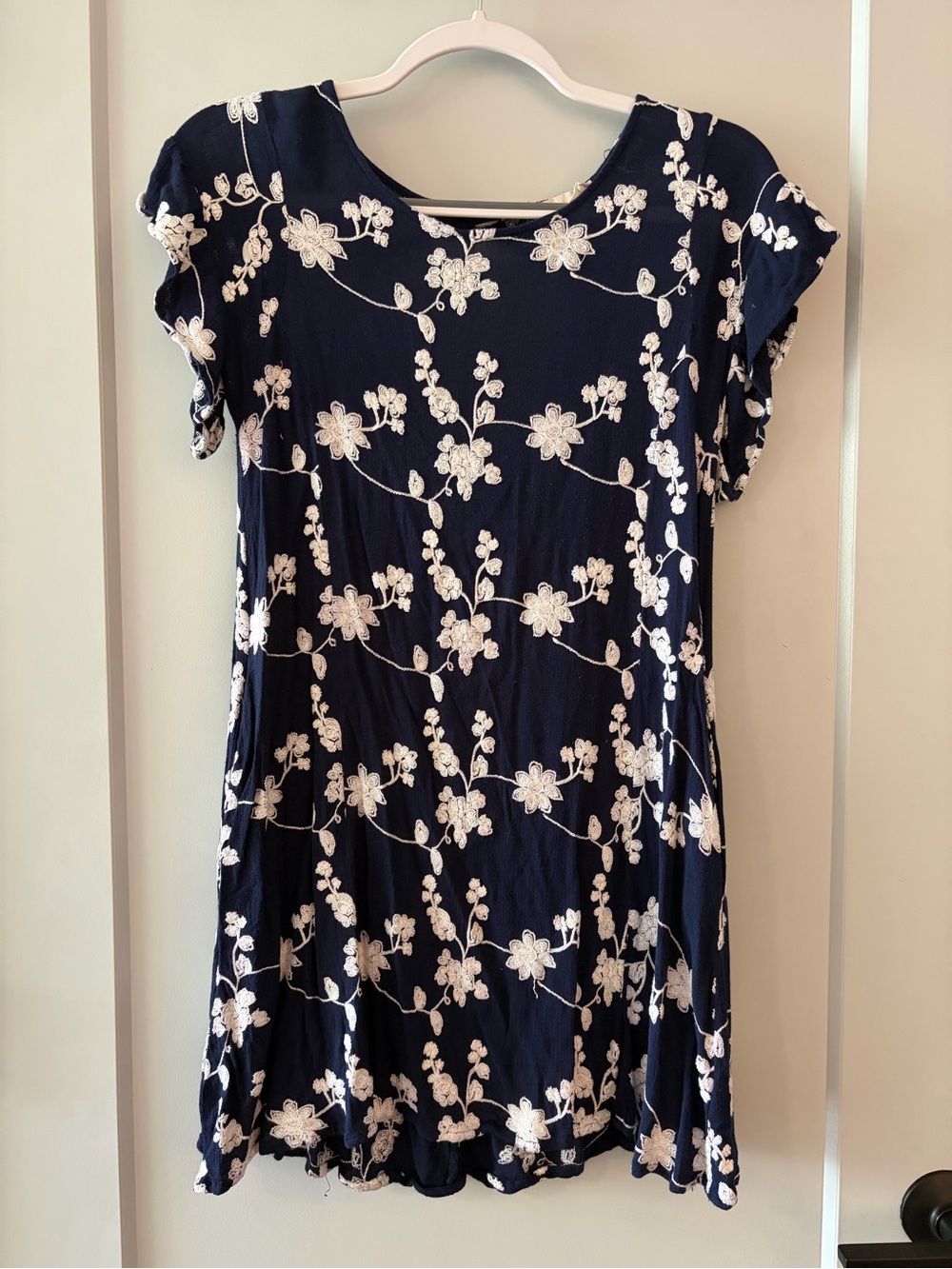 Altar'd State Navy Blue Dress with White Floral Embroidery